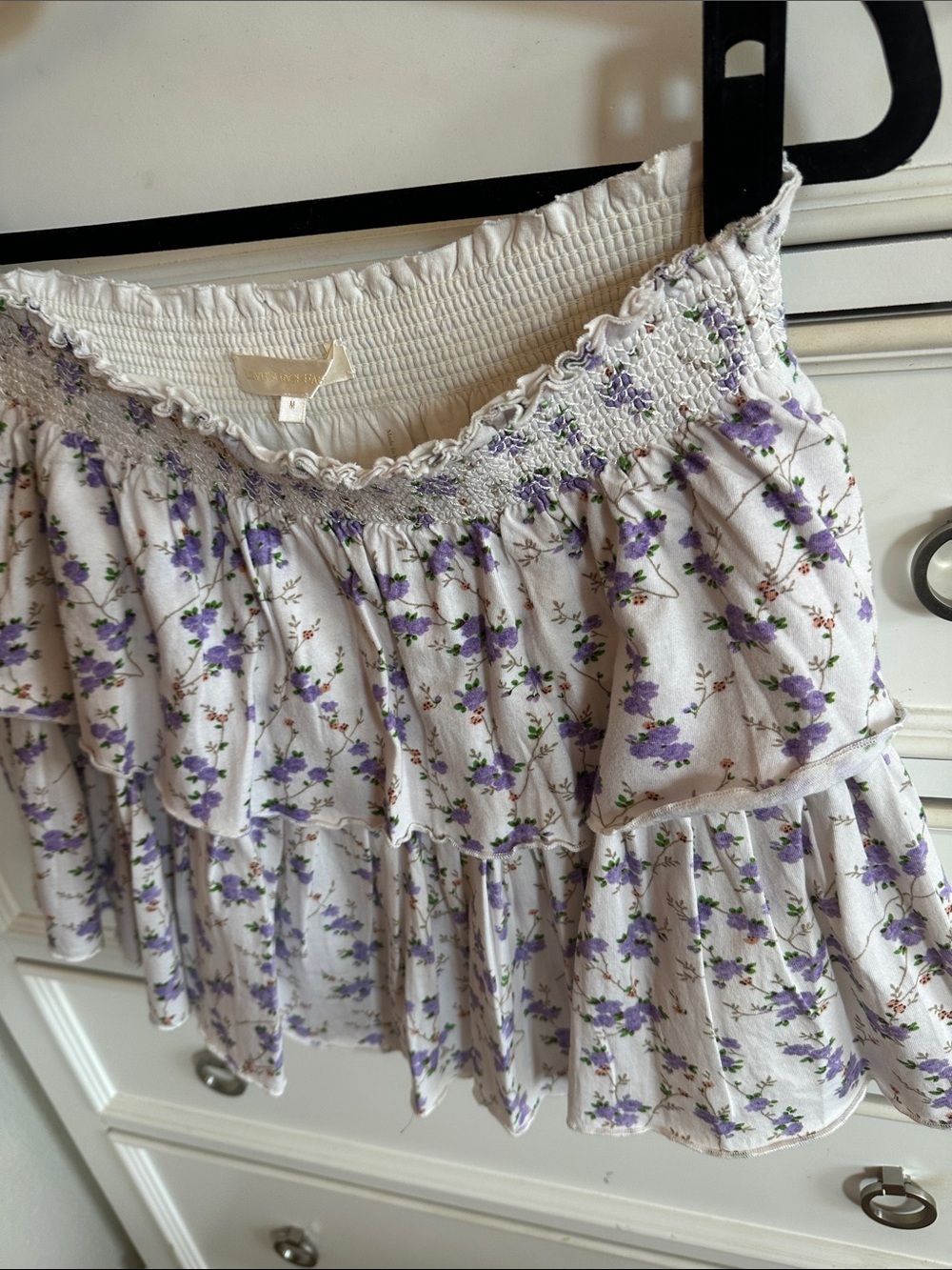 LoveShackFancy Floral Ruffle Mini Skirt Smocked Waist 100% Cotton Medium